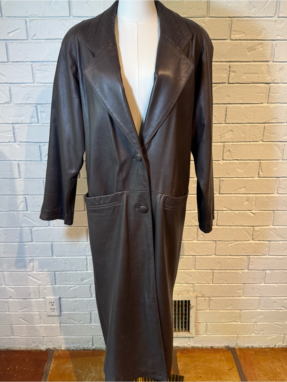 Vintage 90s Preston & York 100% Leather Chocolate Brown Long Coat Womens M